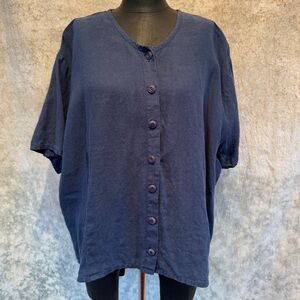 Flax Navy Blue Button-Down Linen Blouse - 3G